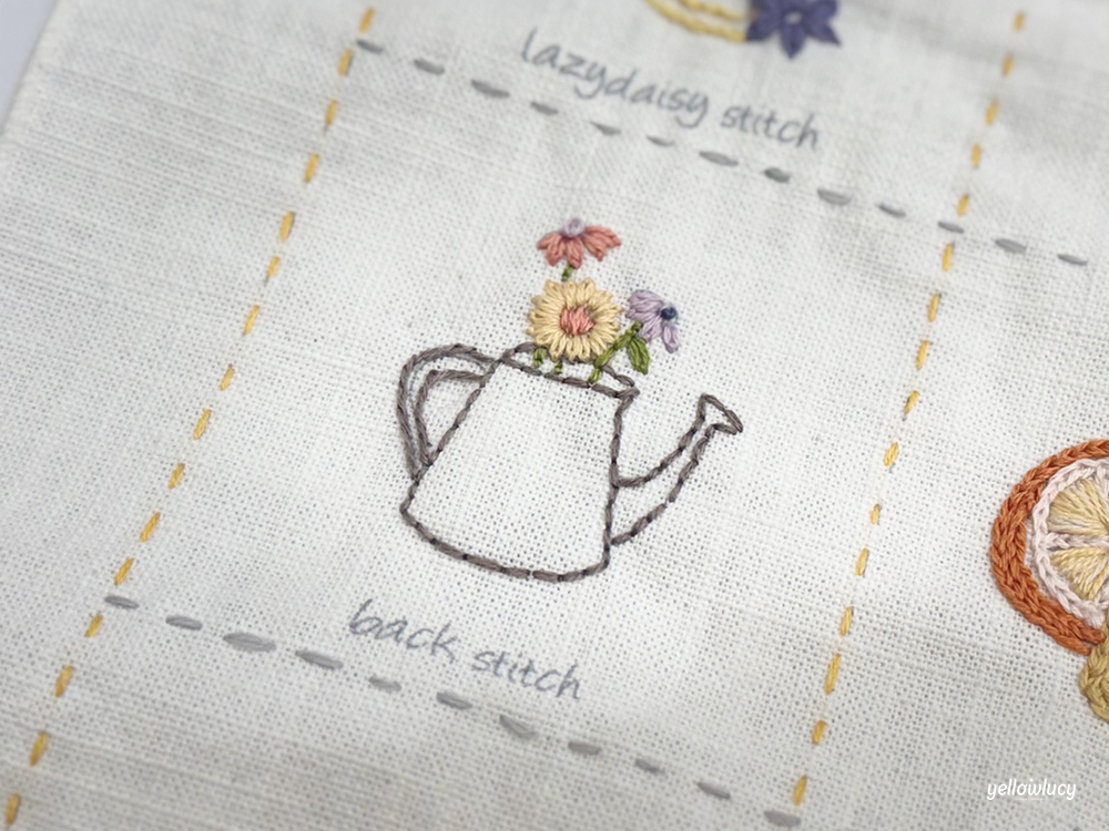 백스티치 (Back Stitch) 기법으로 완성한 물조리개 자수